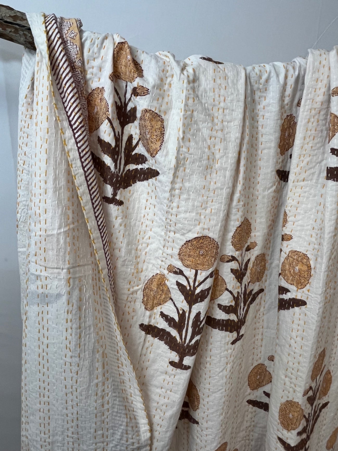 Saffron Fields Block Print Cotton Kantha Quilt