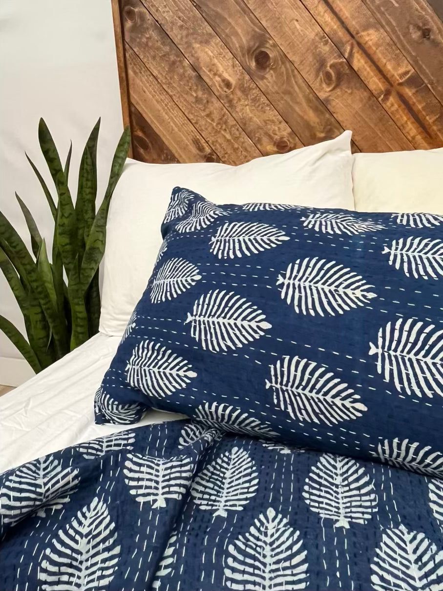 Bagru Indigo Leaves Block Print Cotton Kantha Sham