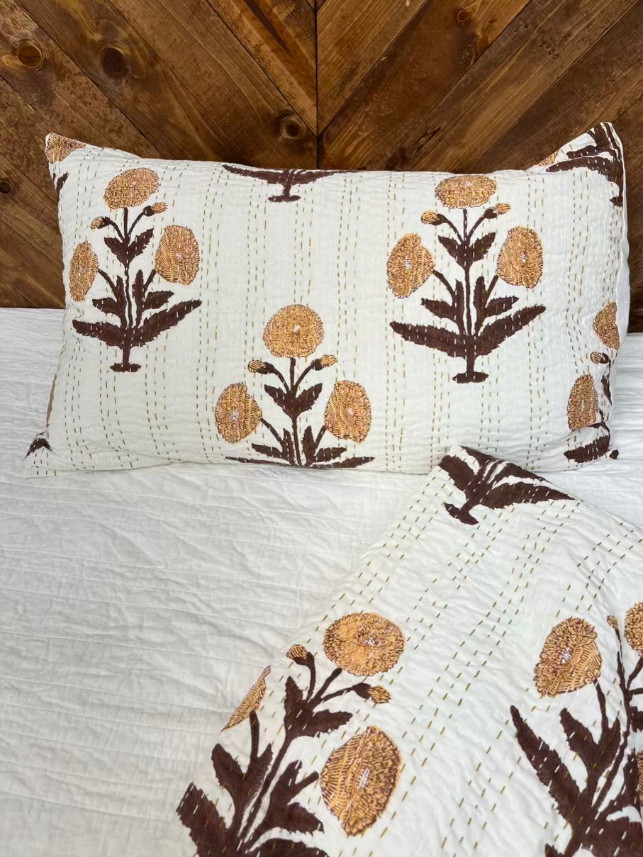 Saffron Fields Block Print Cotton Kantha Sham