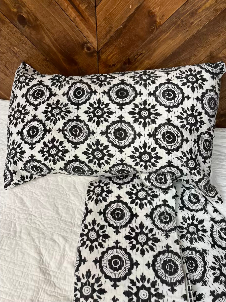 Black Burst Block Print Cotton Kantha Sham