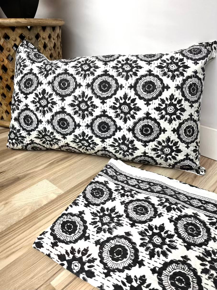 Black Burst Block Print Cotton Kantha Sham