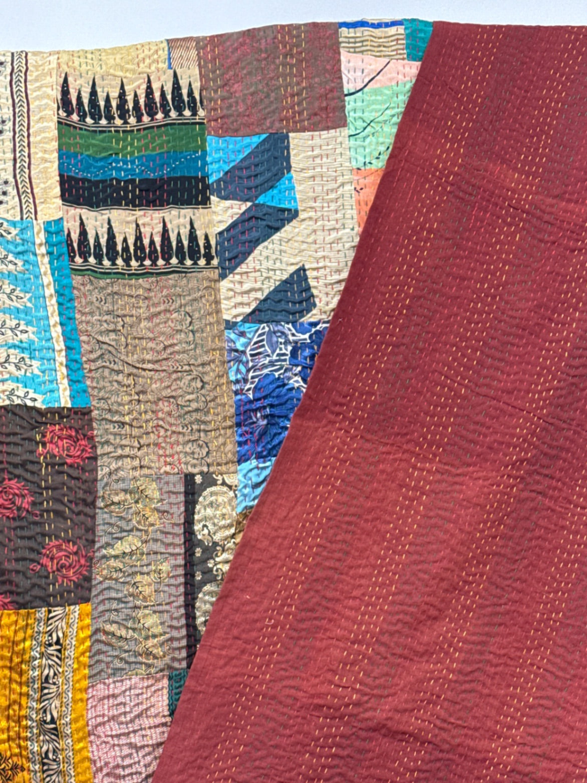 Patchwork Silk Kantha Quilt Queen