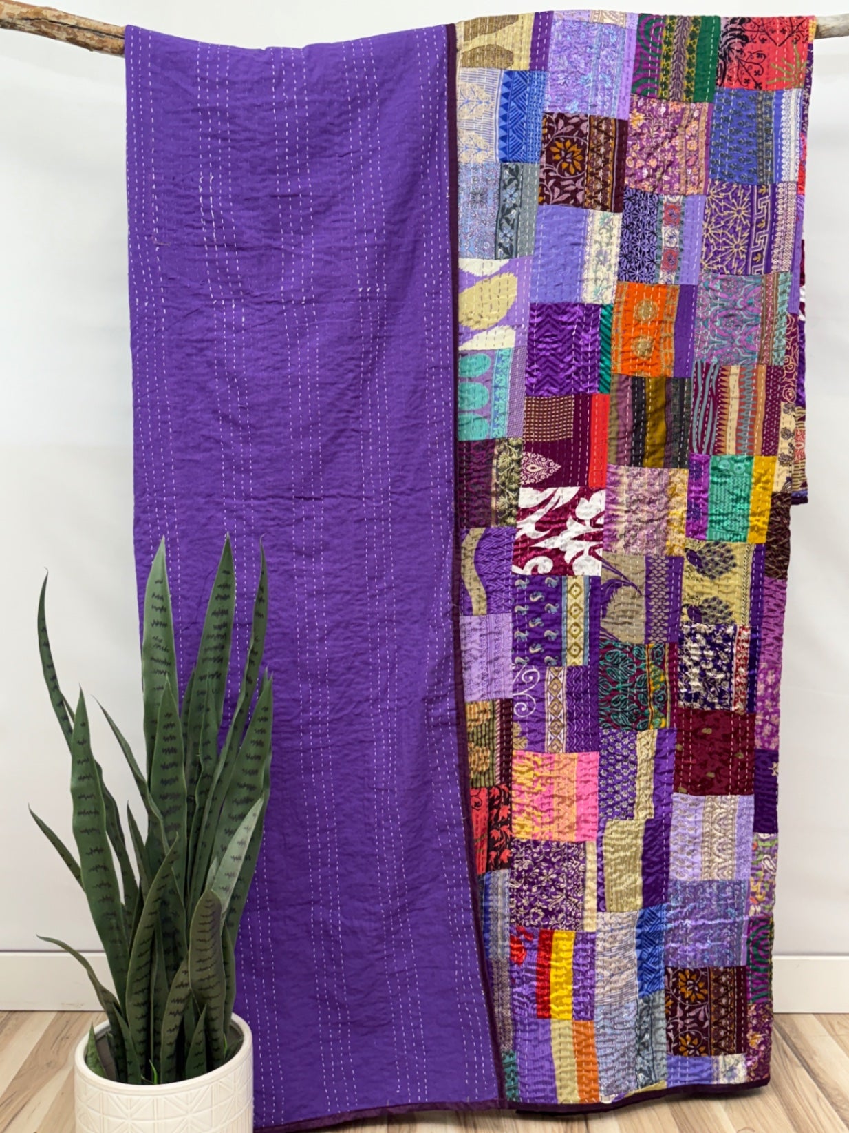 Patchwork Silk Kantha Quilt Queen