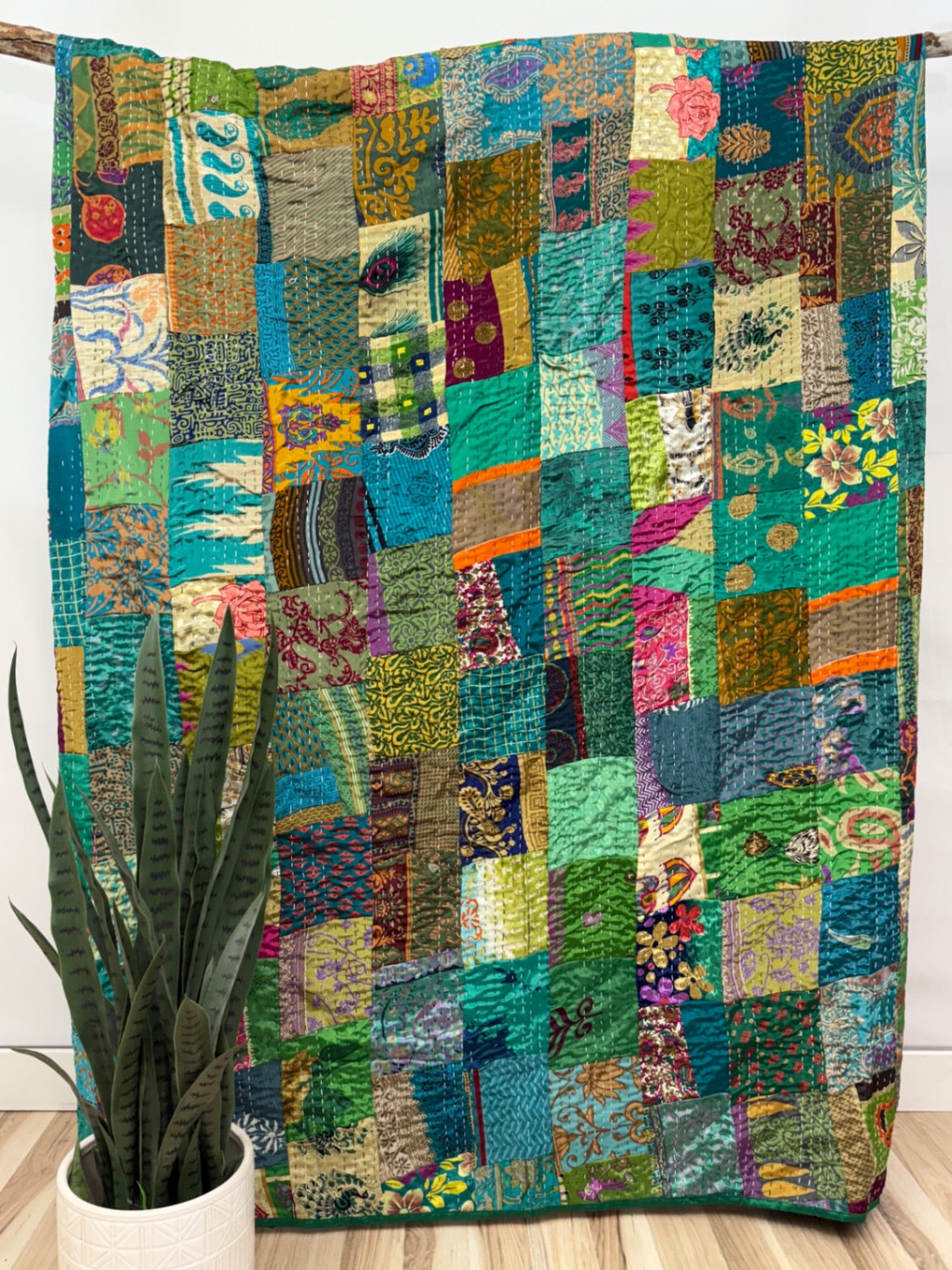 Patchwork Silk Kantha Quilt Queen