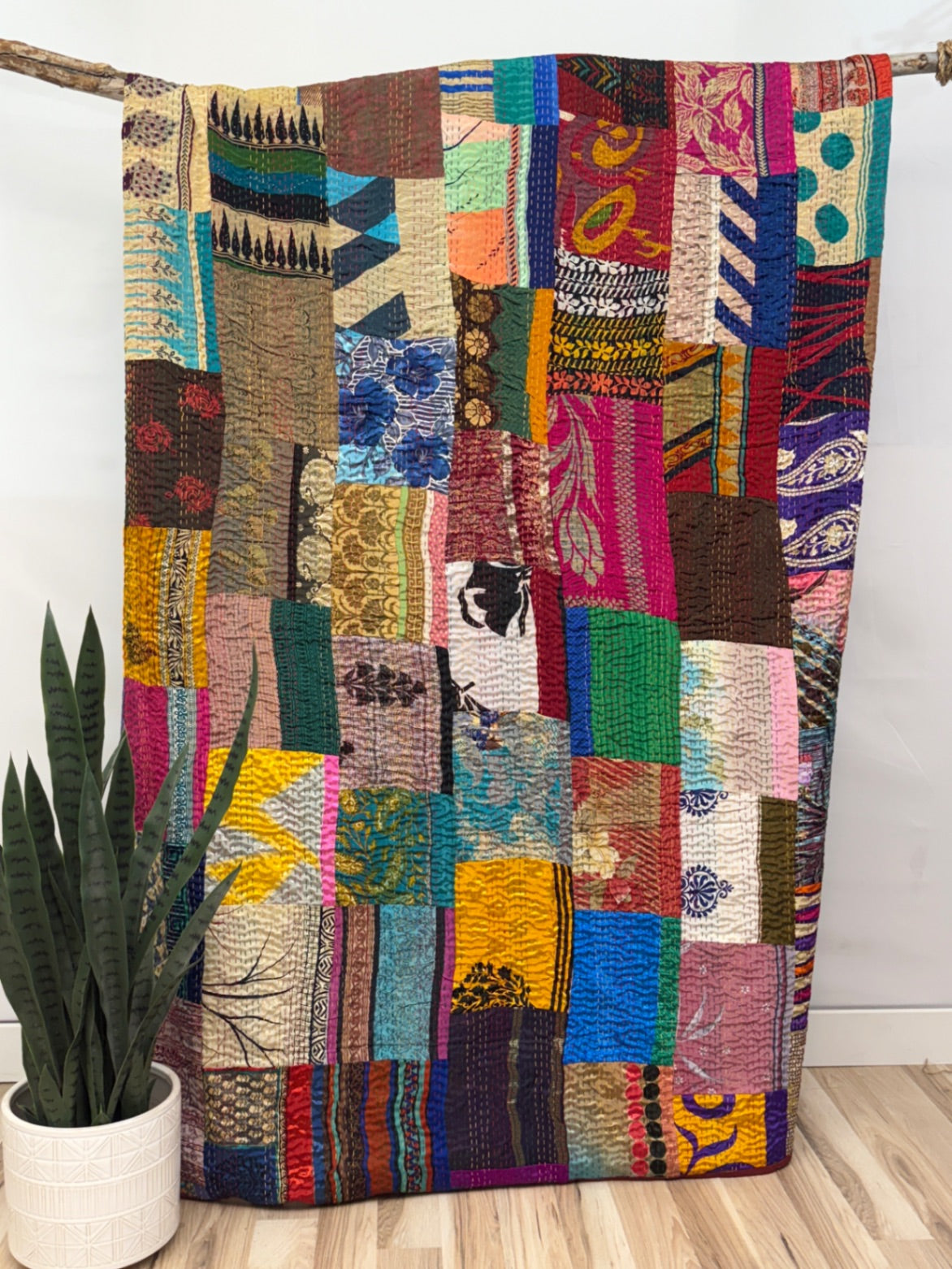 Patchwork Silk Kantha Quilt Queen