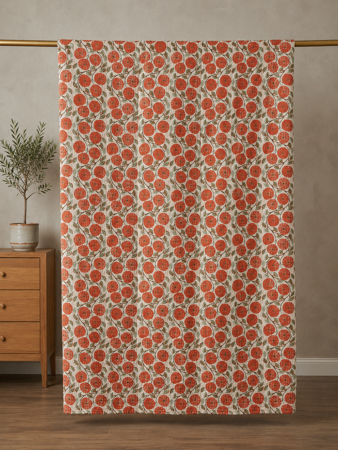 Pick Me Poppies Block Print Cotton Kantha Quilt