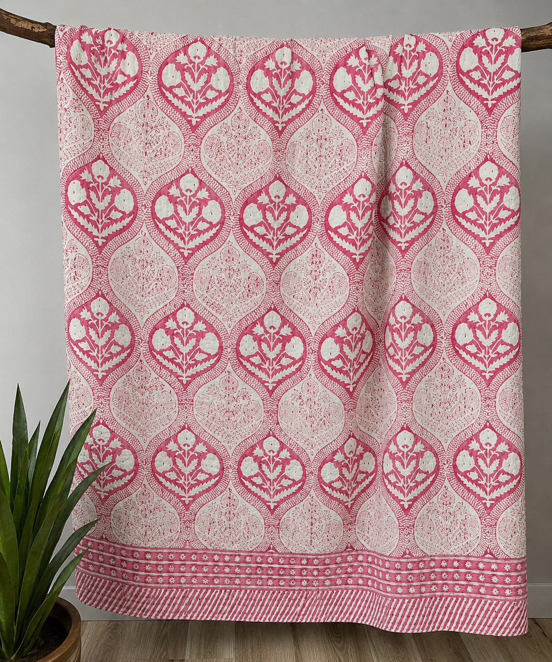 Heirloom Blush Block Print Cotton Kantha Quilt