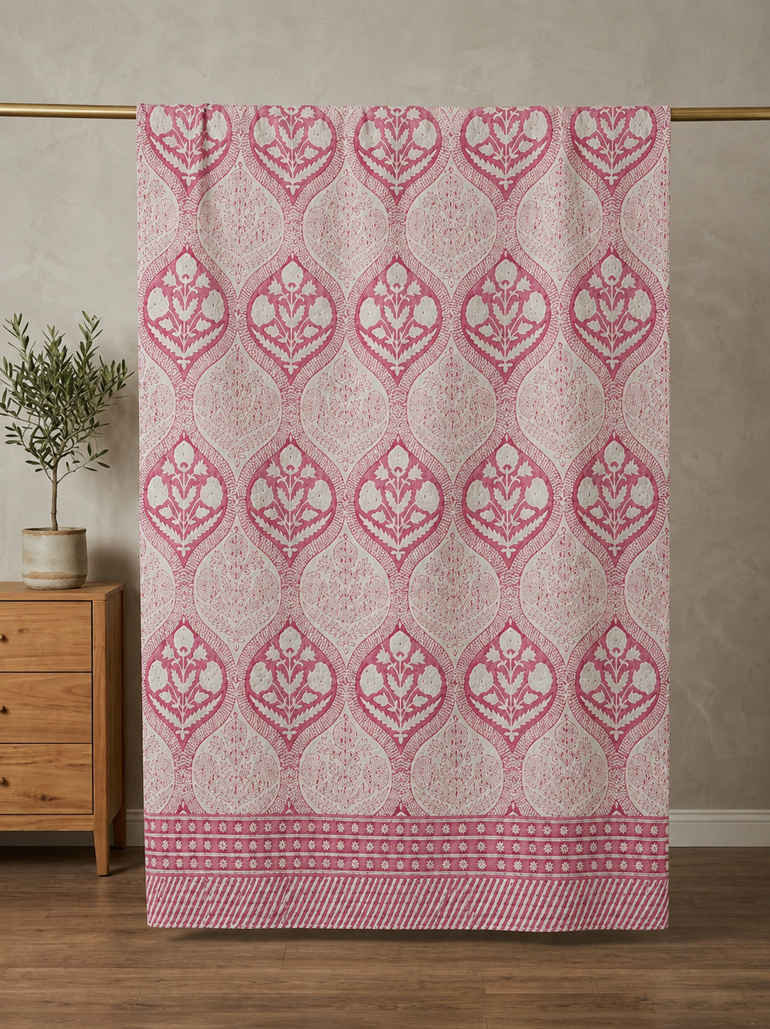Heirloom Blush Block Print Cotton Kantha Quilt