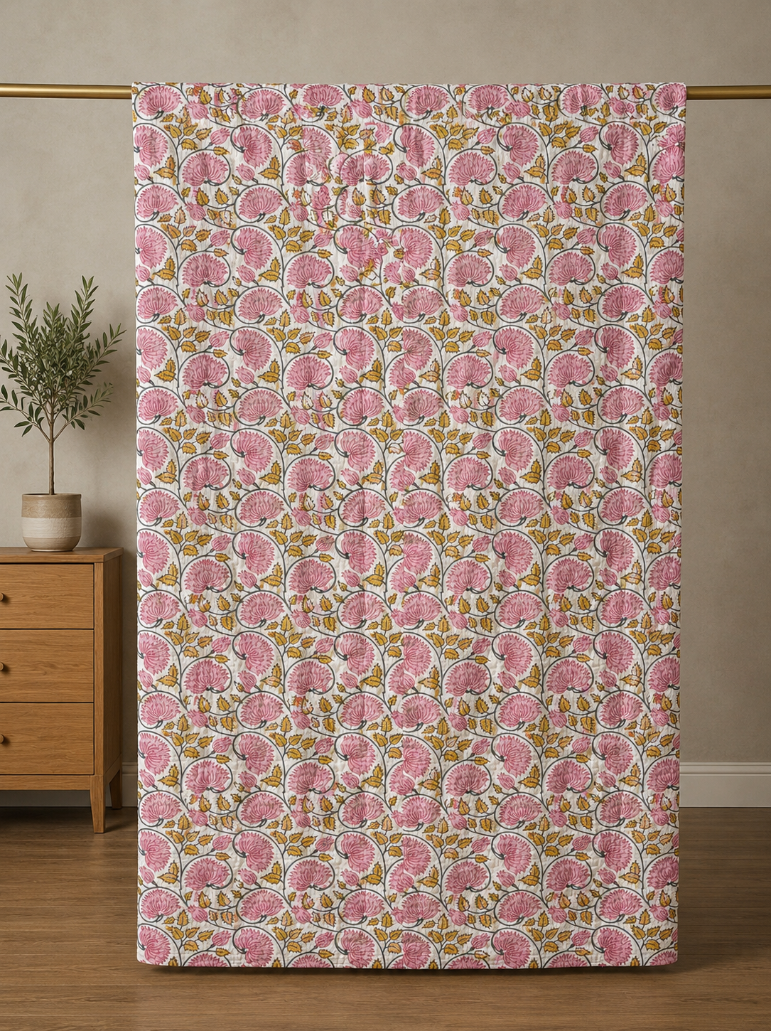 Lotus Dreams Light Block Print Cotton Kantha Quilt