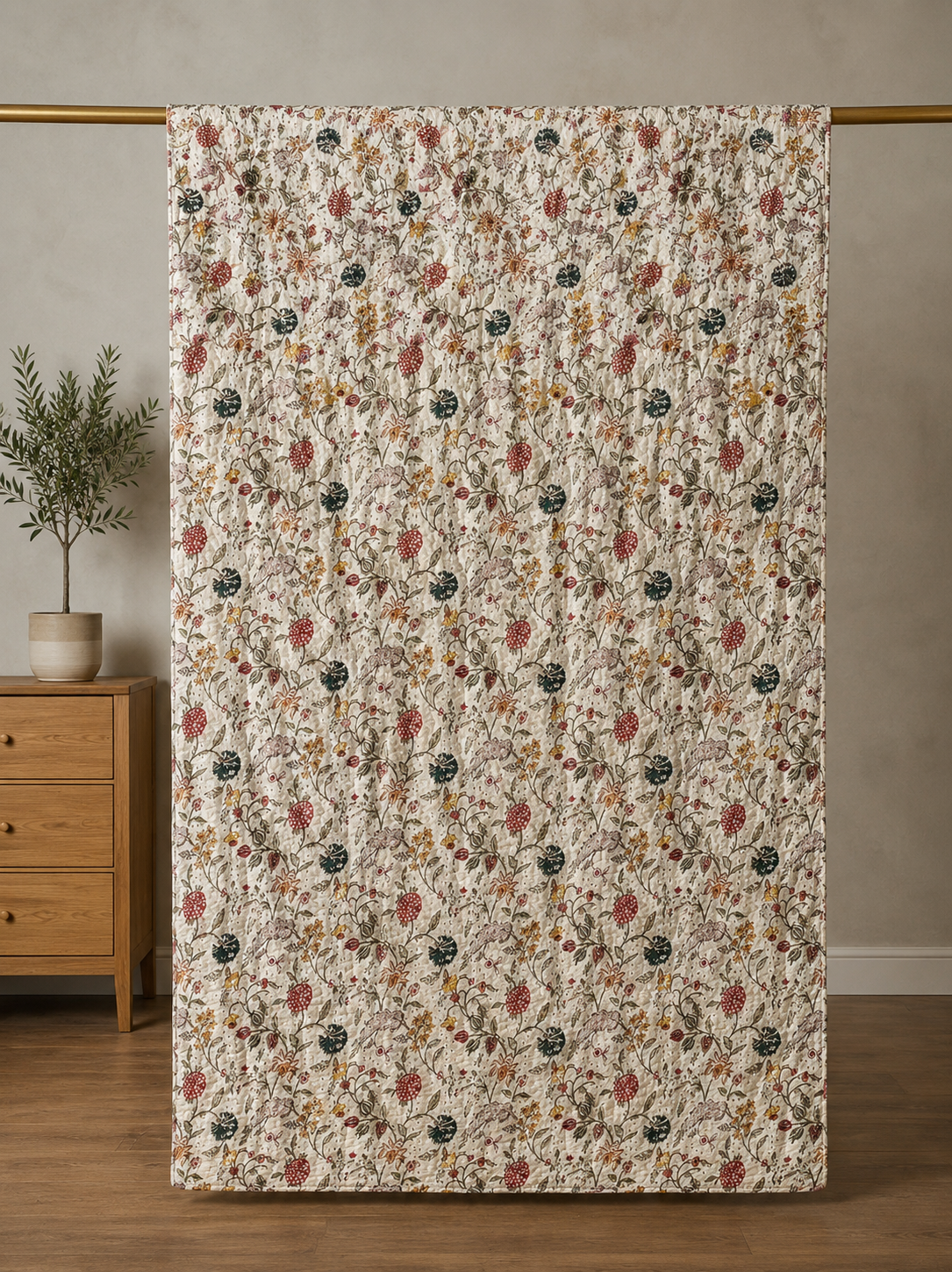 Wildflower Field Block Print Cotton Kantha Quilt