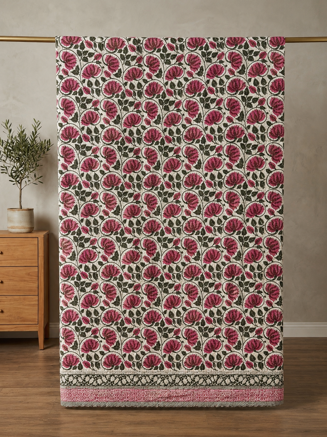Lotus Dreams Block Print Cotton Kantha Quilt