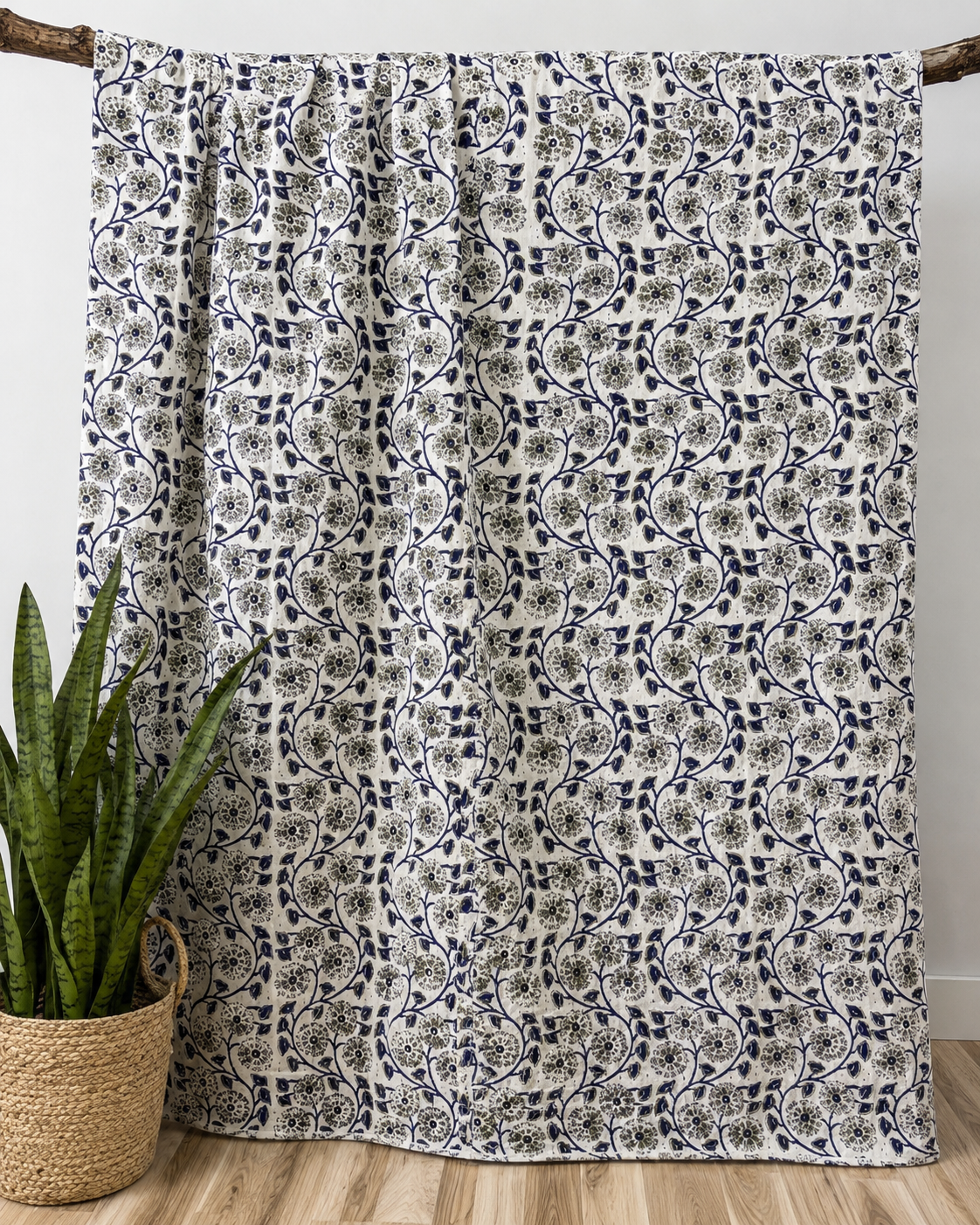 Moonlit Vines Block Print Cotton Kantha Quilt