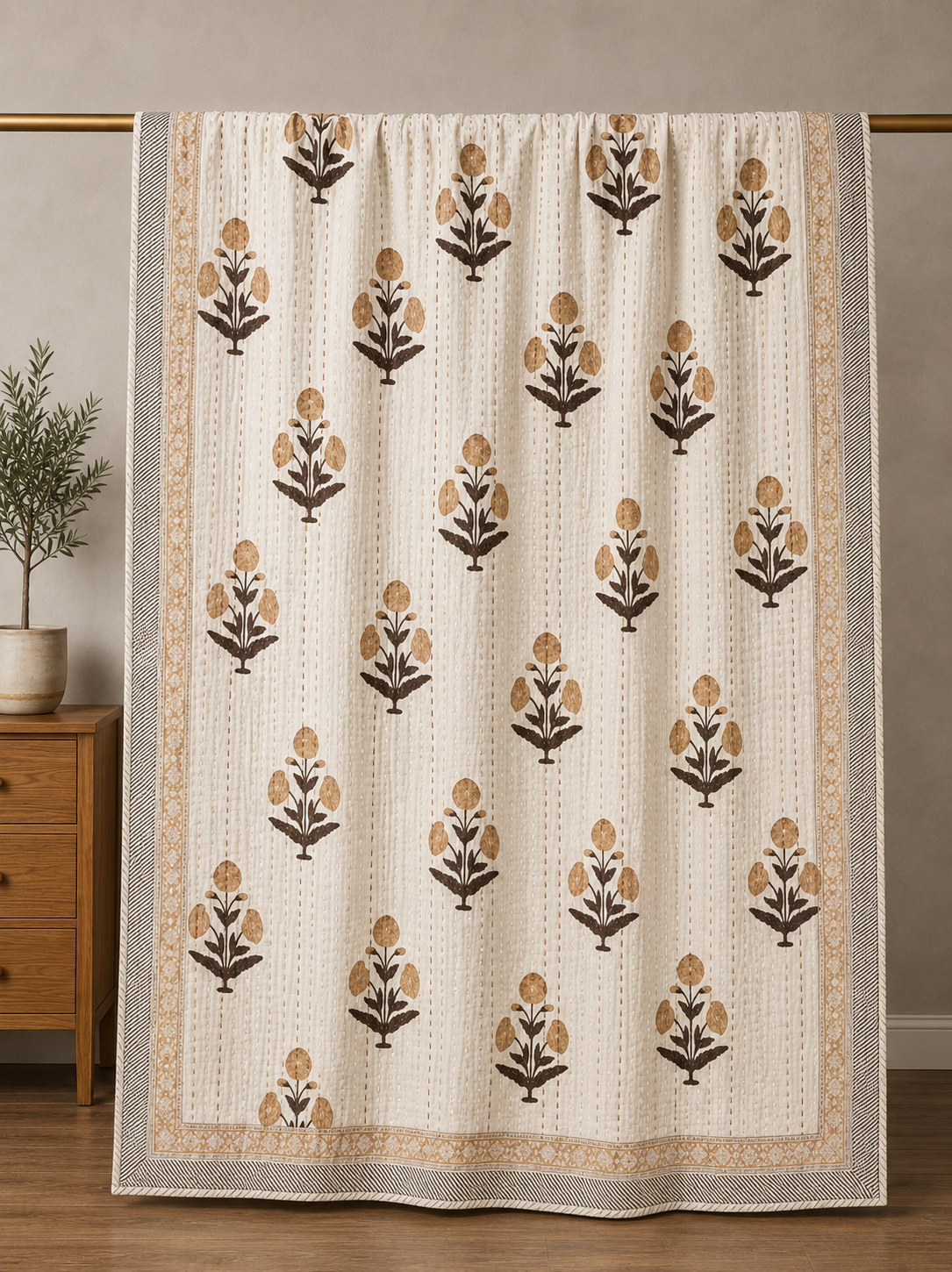 Saffron Fields Block Print Cotton Kantha Quilt