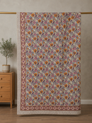 Sunlit Poppy Bloom Block Print Cotton Kantha Quilt