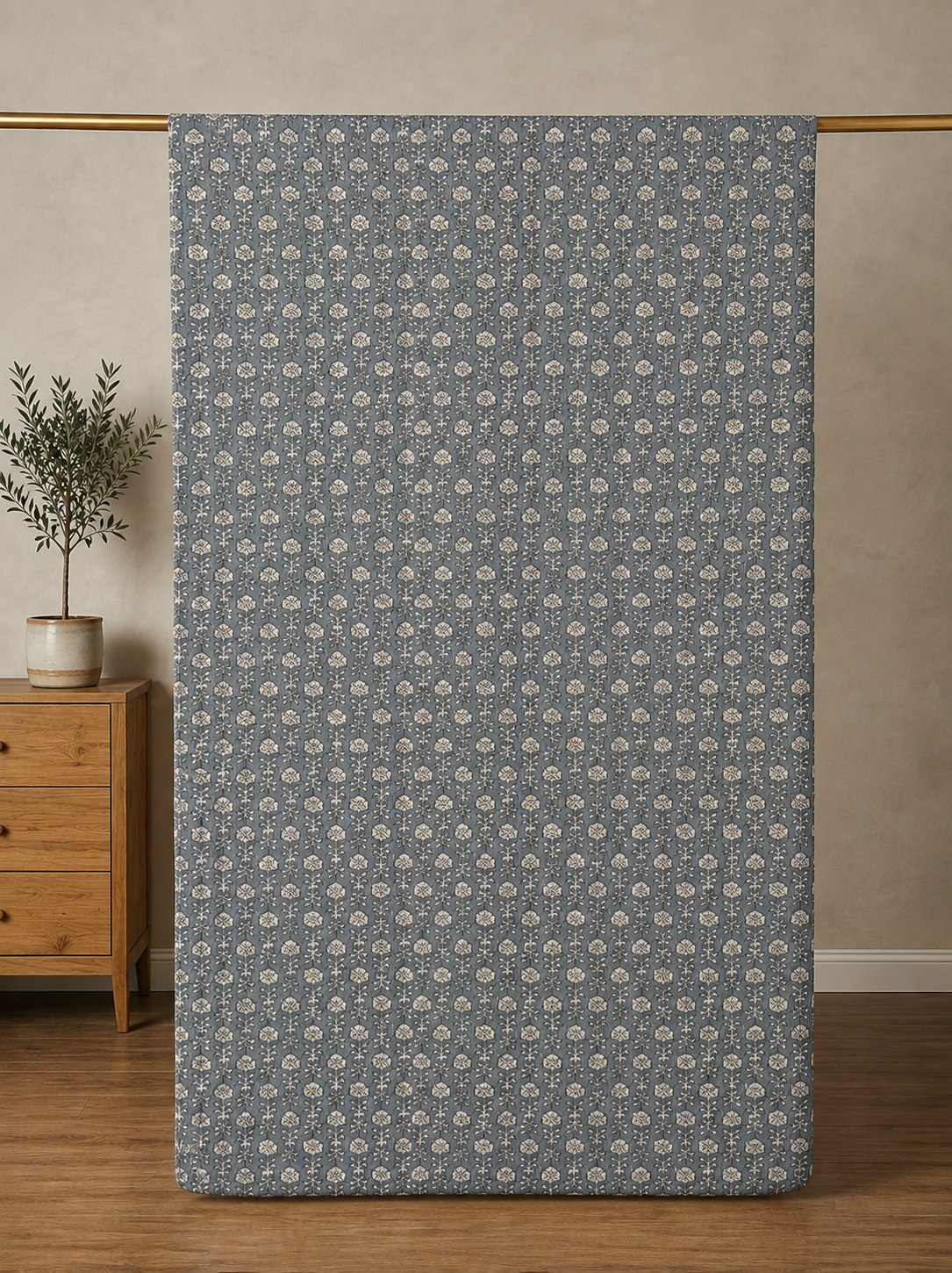 Bagru Slate Petals Block Print Cotton Kantha Quilt