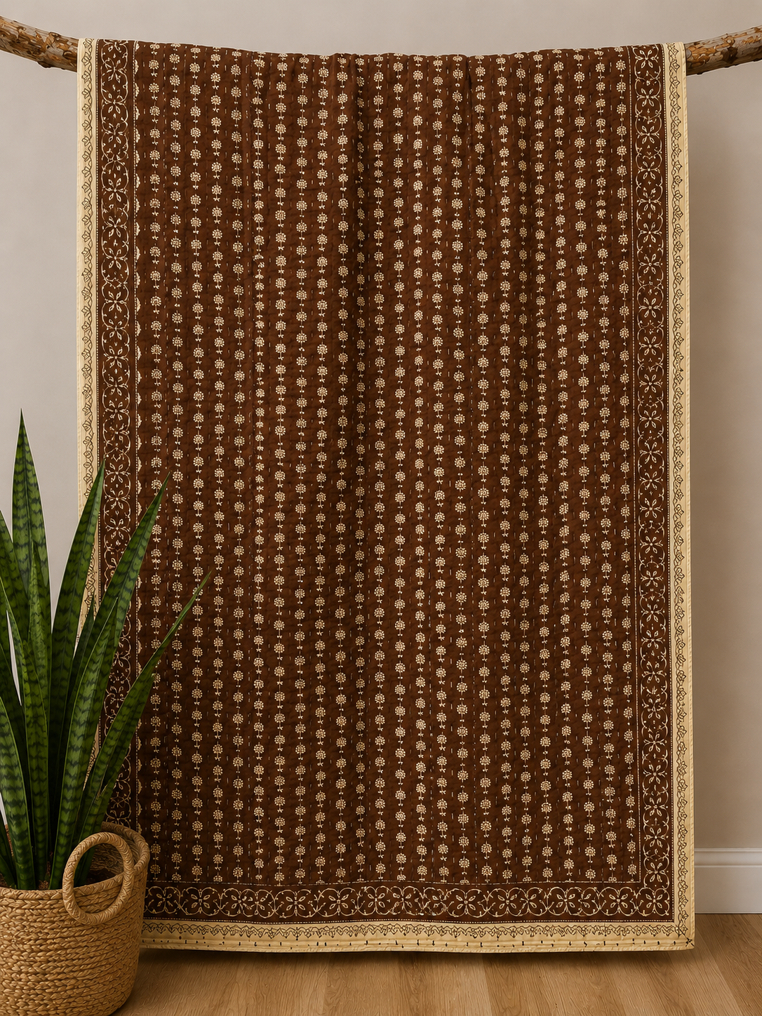 Brown Harvest Block Print Cotton Kantha Quilt
