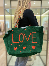 Green Embroidered Velvet Tote