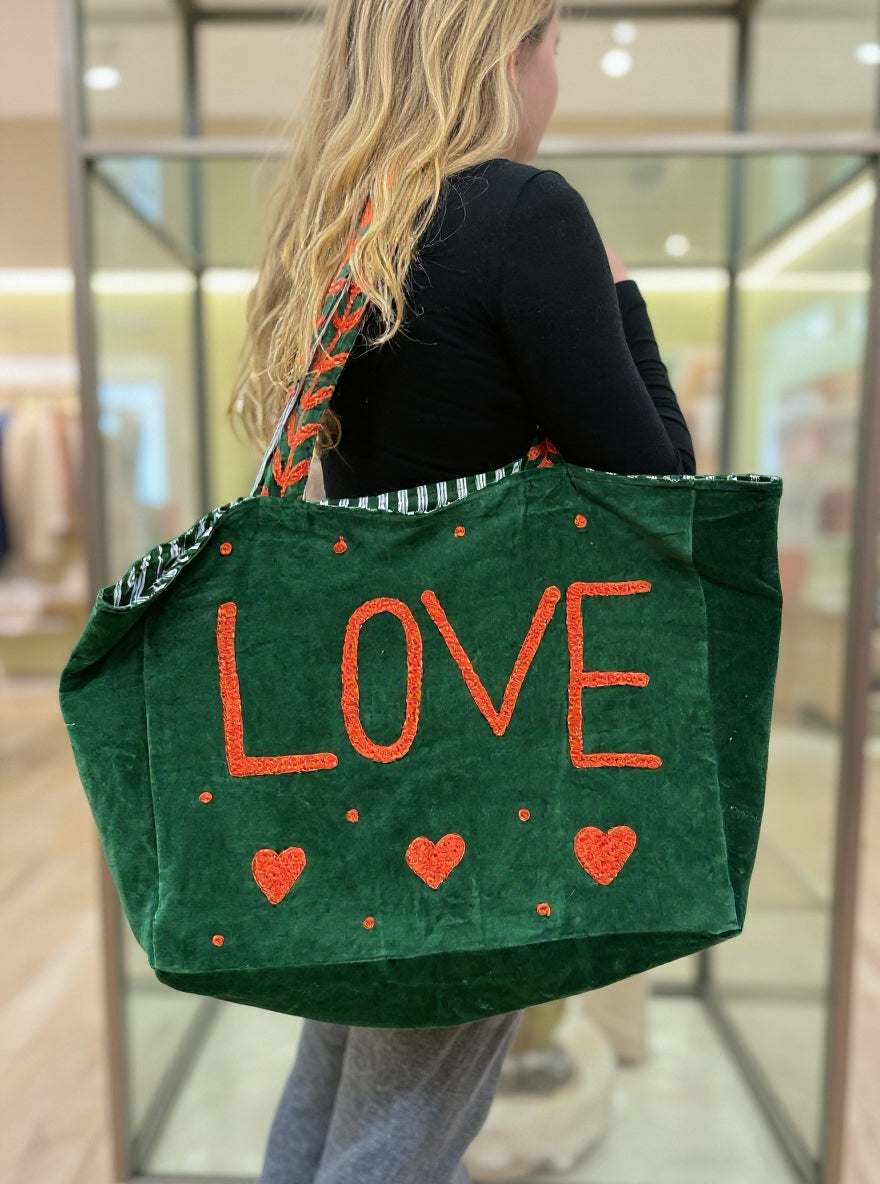 Green Embroidered Velvet Tote