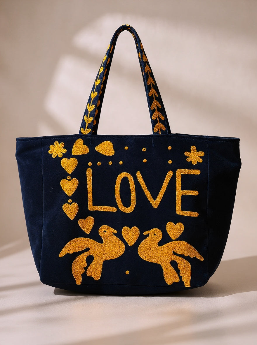 Navy Embroidered Velvet Tote
