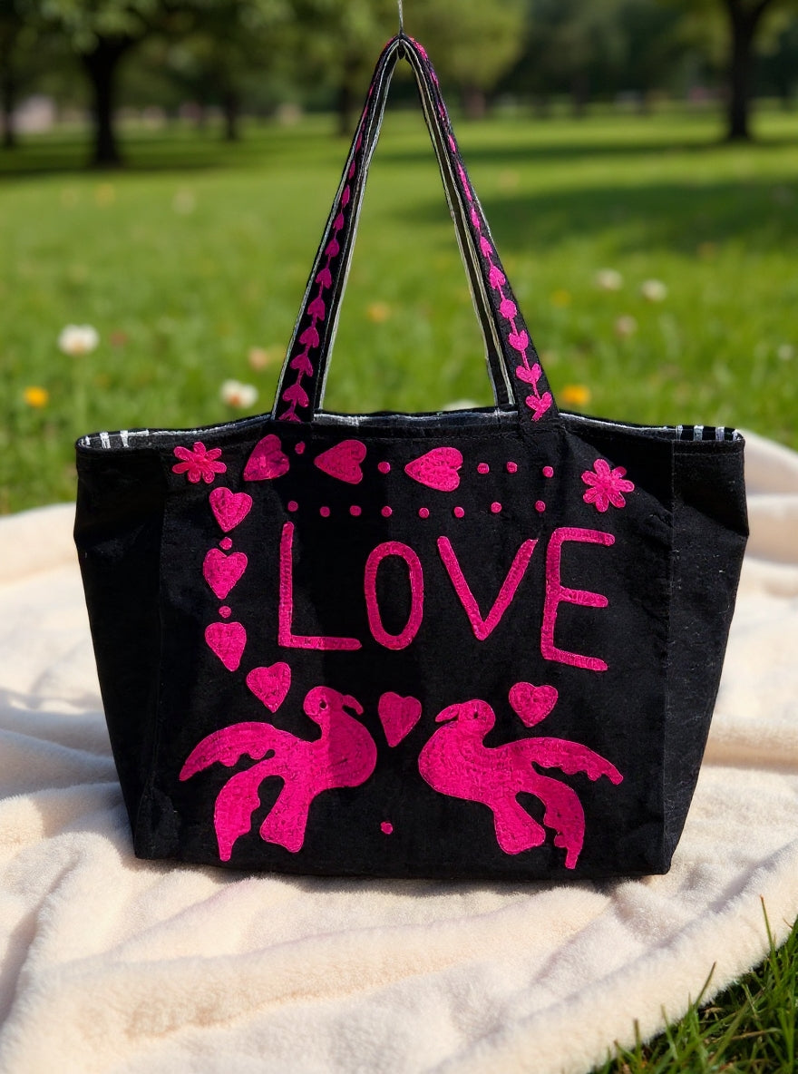Black Embroidered Velvet Tote