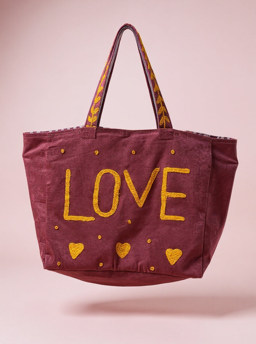 Purple Embroidered Velvet Tote