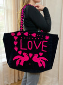 Black Embroidered Velvet Tote