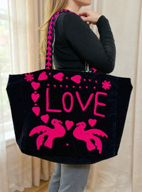 Black Embroidered Velvet Tote