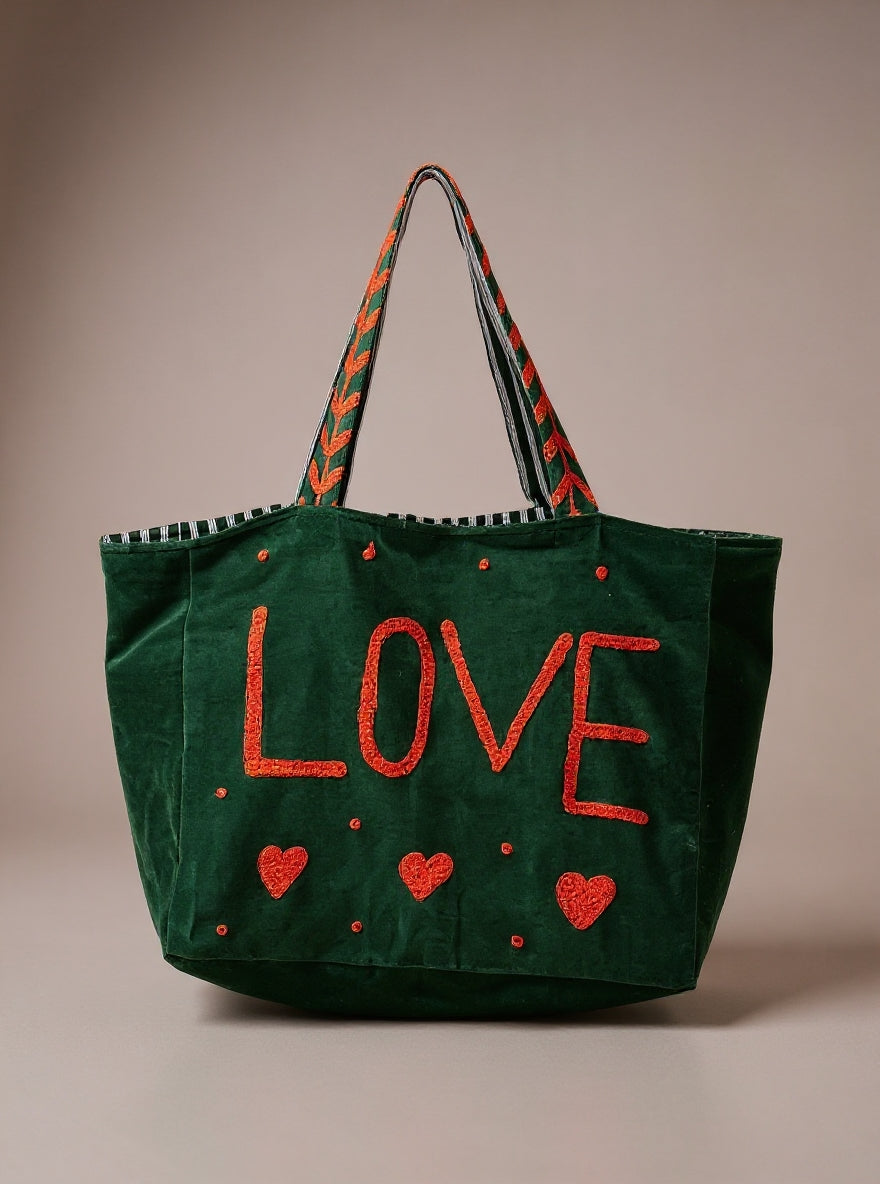 Green Embroidered Velvet Tote