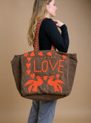 Brown Embroidered Velvet Tote