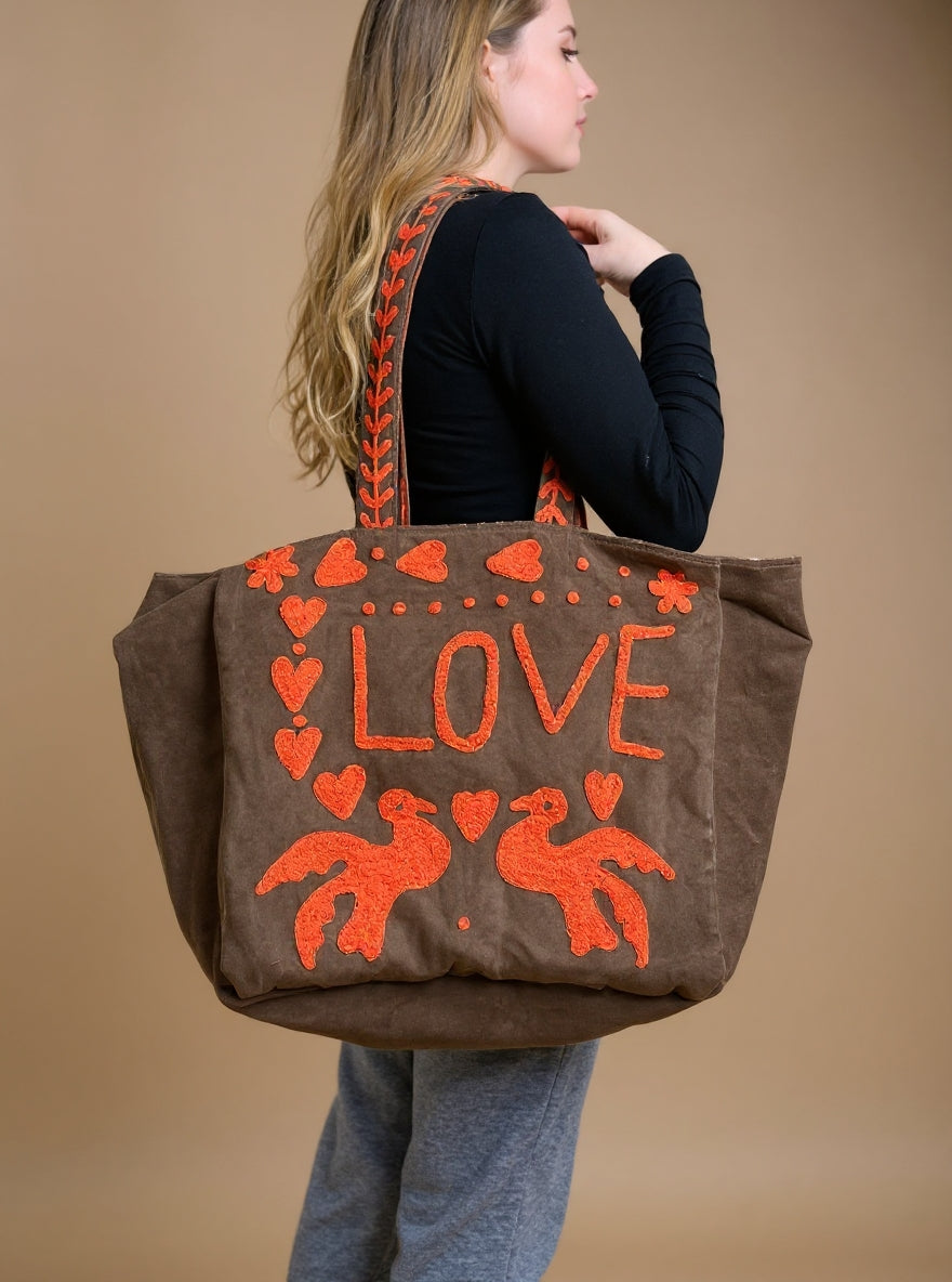 Brown Embroidered Velvet Tote