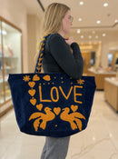 Navy Embroidered Velvet Tote