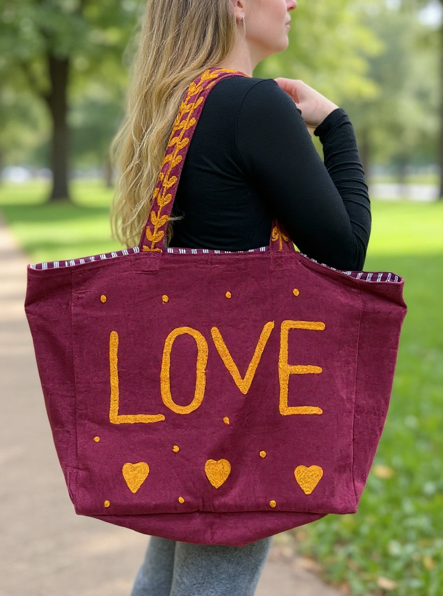 Purple Embroidered Velvet Tote