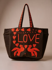 Brown Embroidered Velvet Tote