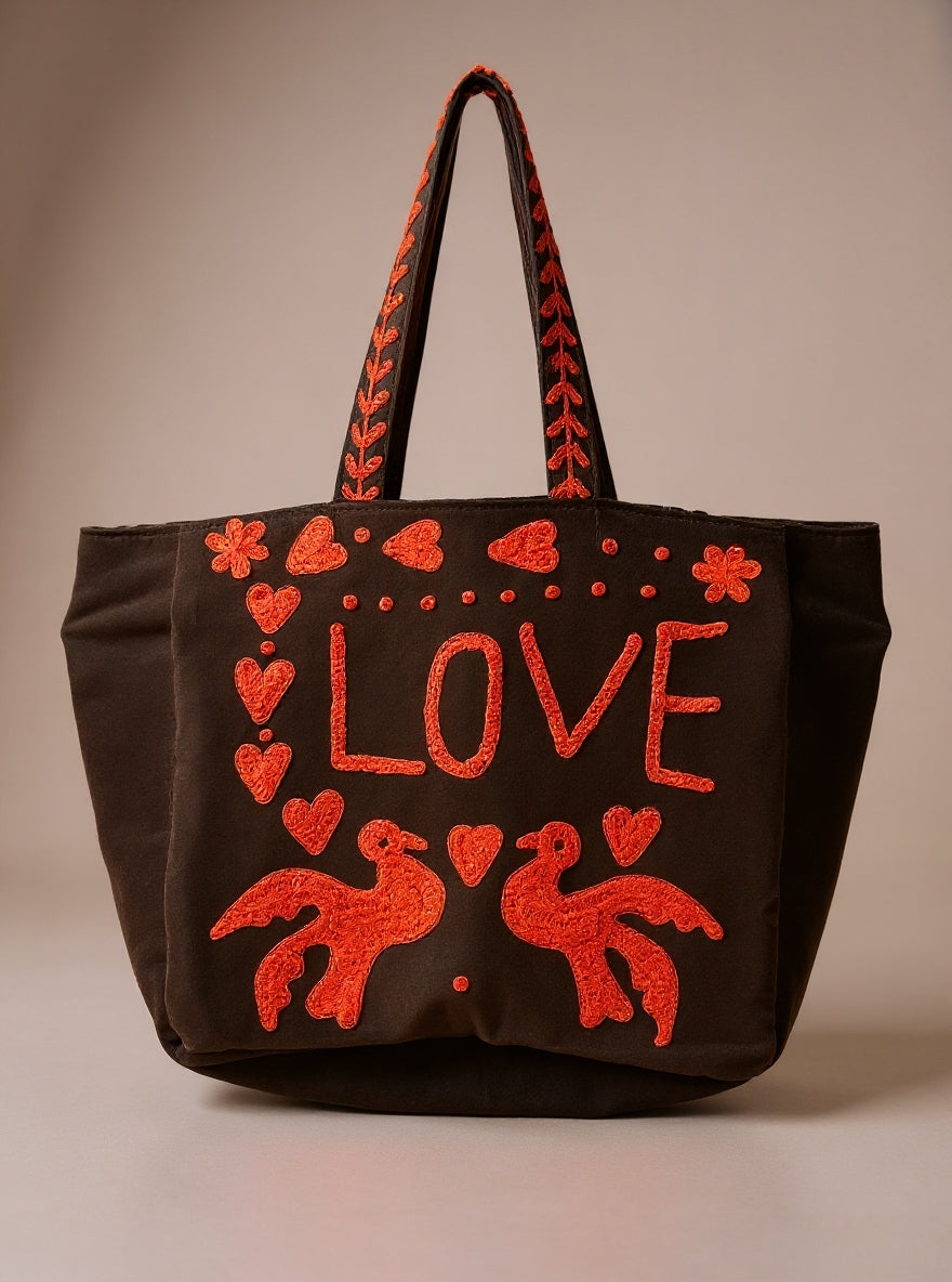 Brown Embroidered Velvet Tote