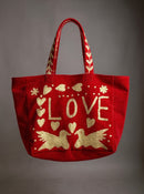 Red Embroidered Velvet Tote