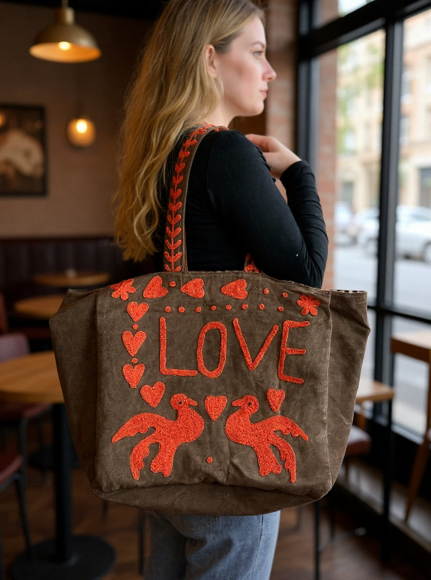 Brown Embroidered Velvet Tote