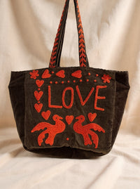Brown Embroidered Velvet Tote