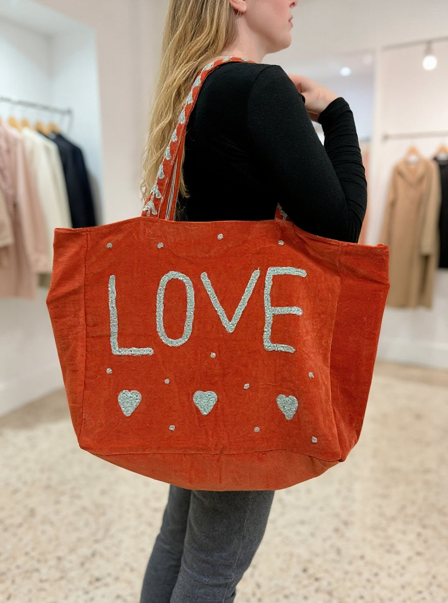 Orange Embroidered Velvet Tote