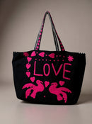 Black Embroidered Velvet Tote