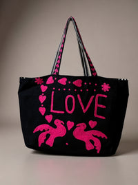 Black Embroidered Velvet Tote