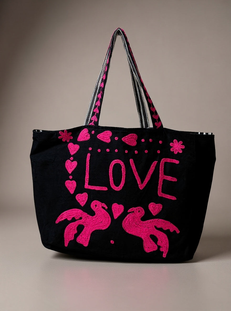 Black Embroidered Velvet Tote