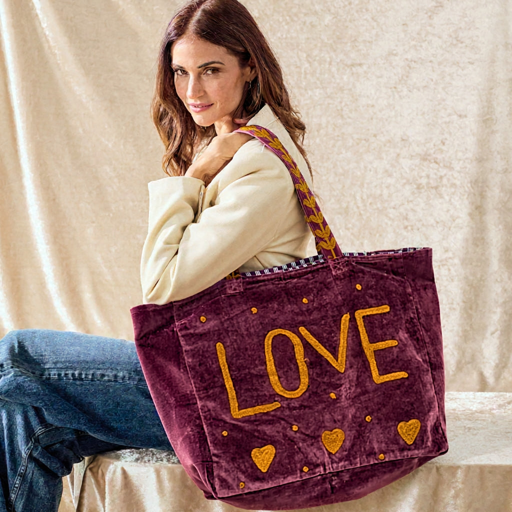 Purple Embroidered Velvet Tote