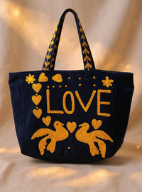 Navy Embroidered Velvet Tote