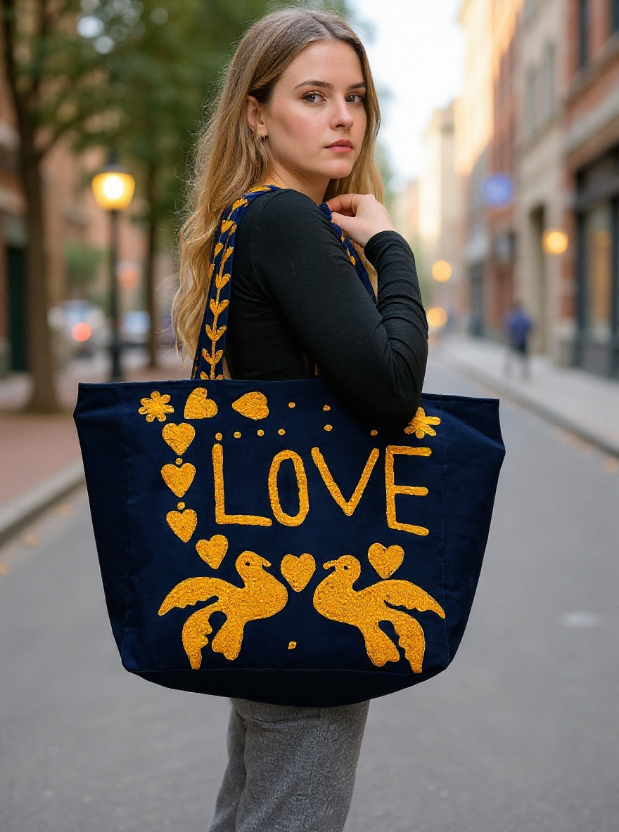 Navy Embroidered Velvet Tote