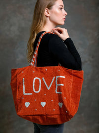 Orange Embroidered Velvet Tote