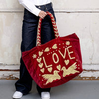 Red Embroidered Velvet Tote
