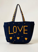 Navy Embroidered Velvet Tote