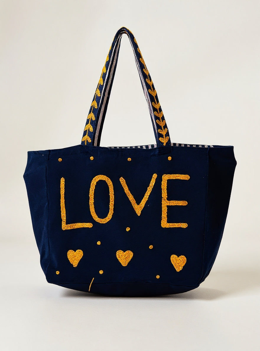 Navy Embroidered Velvet Tote