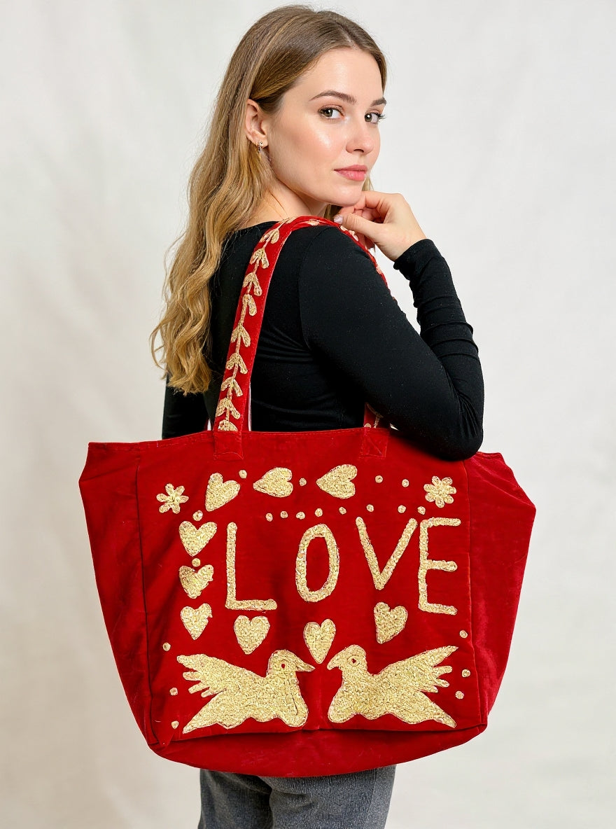 Red Embroidered Velvet Tote