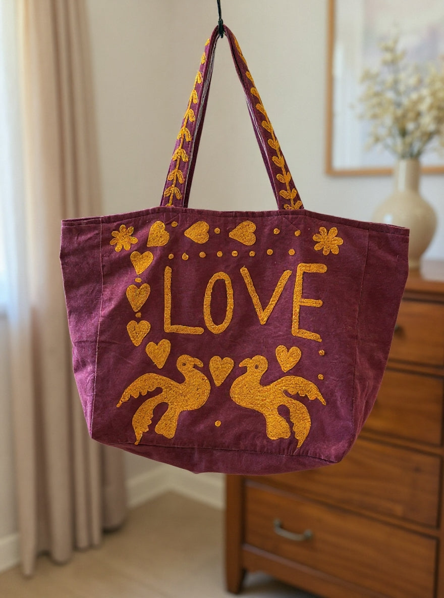Purple Embroidered Velvet Tote